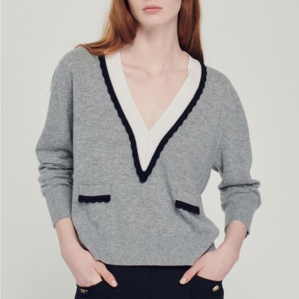 SANDRO V-neck Fine-knit Jumper - Grey - Size 0 (XS)